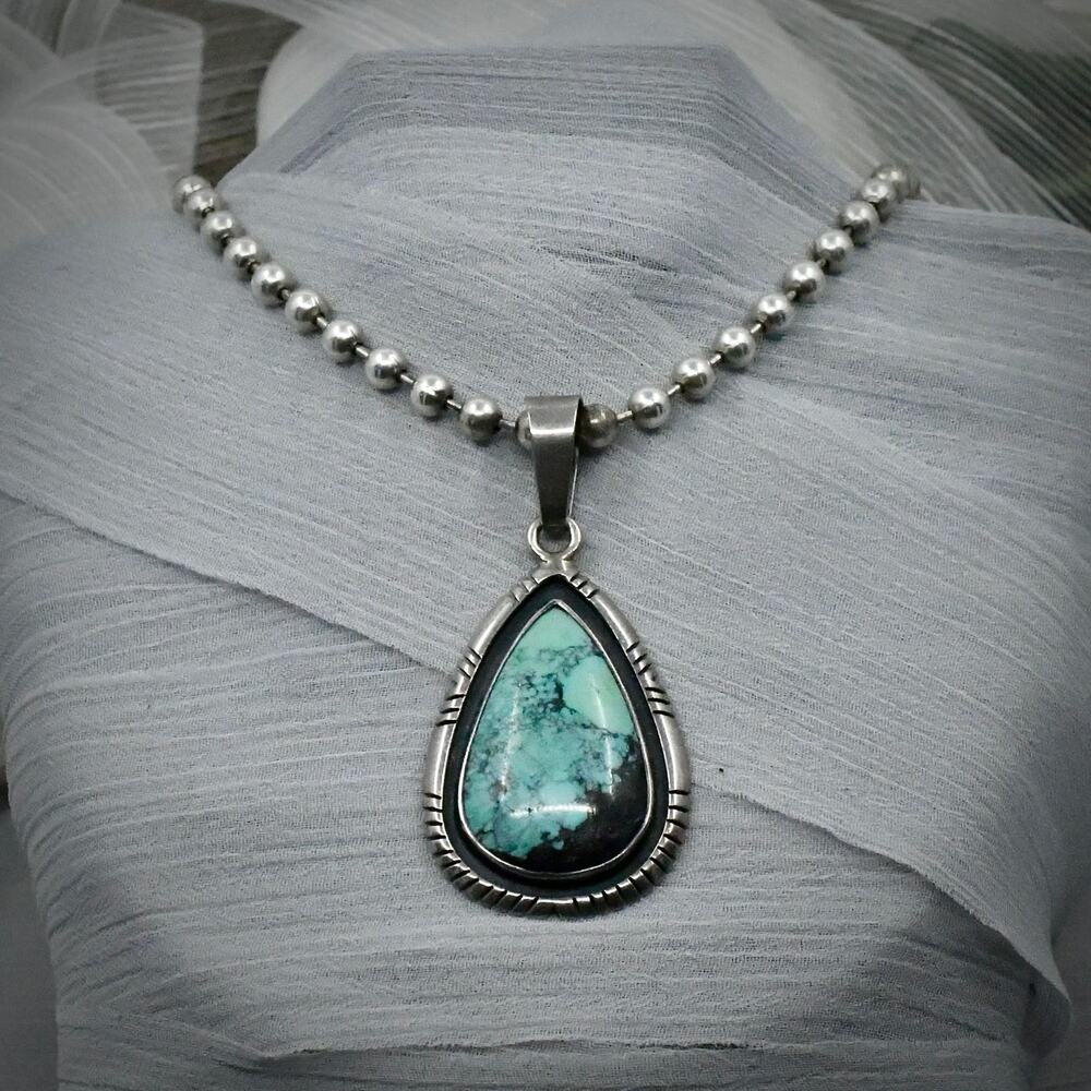 Charles Albert Sterling Silver Turquoise Pendant W Italian Bead Chain 16" 33.7g